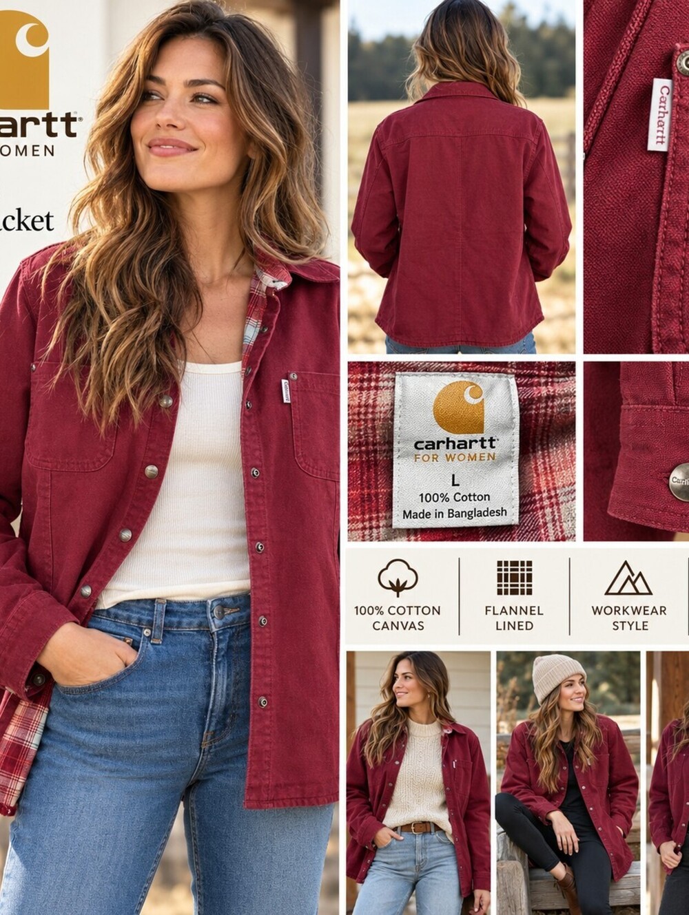 Carhartt Women’s L Burgundy Barn Jacket Canvas Shacket Workwear 90s Grunge